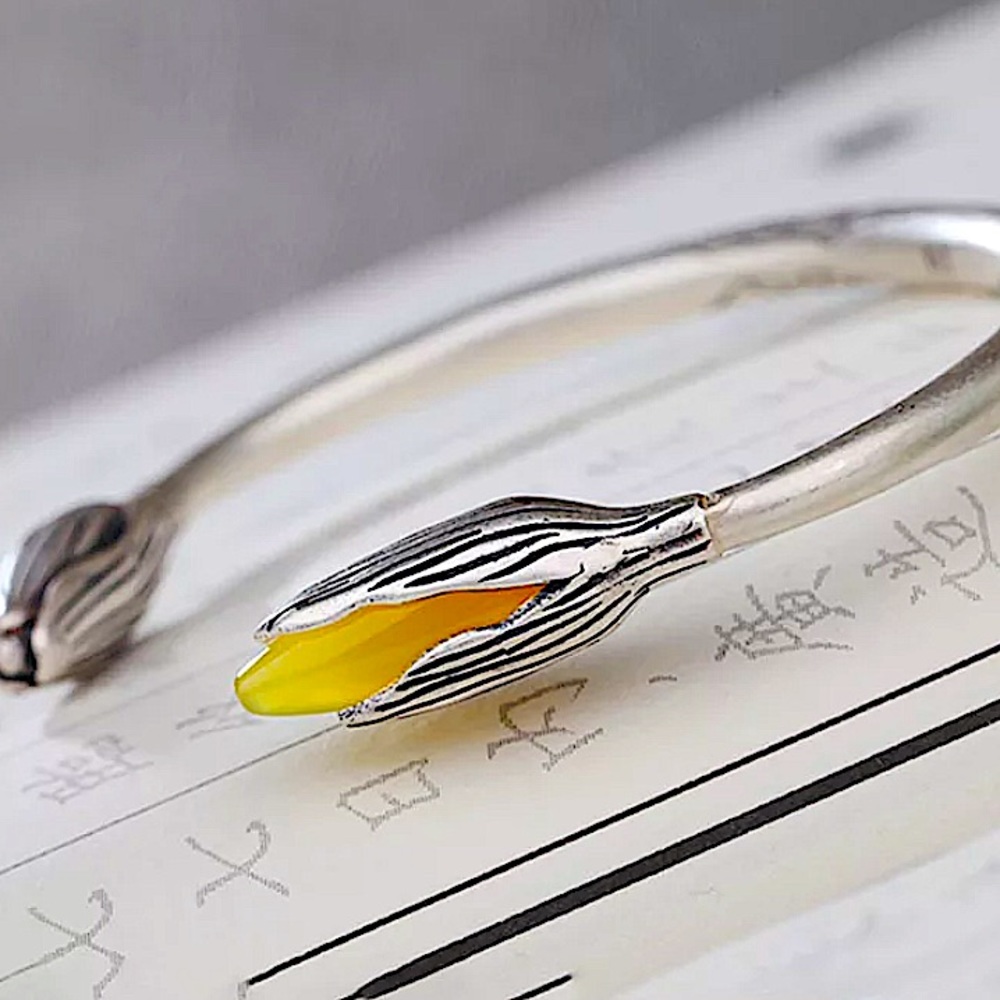 Handmade Jade Flower Sterling Silver Bangle Bracelet - Picture 5 of 11